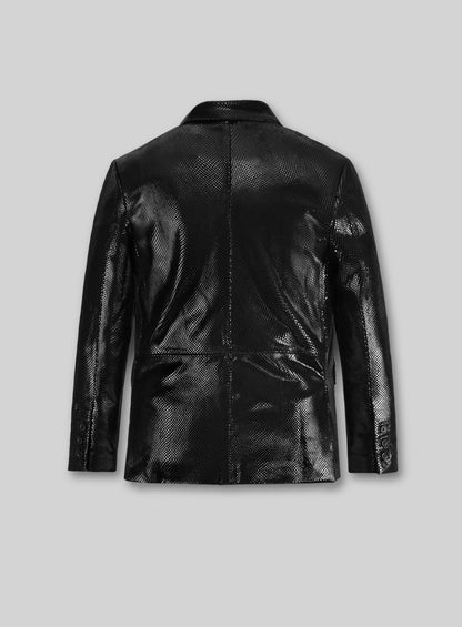 Back view of a black snake emboss leather blazer with centre seam and cuff buttons