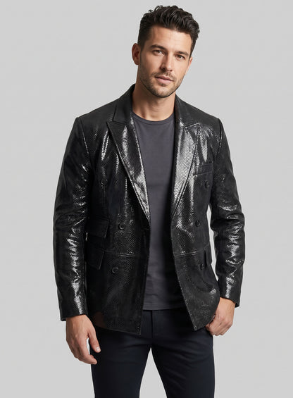 Man wearing a black double-breasted snake embossed leather blazer with peak lapel
