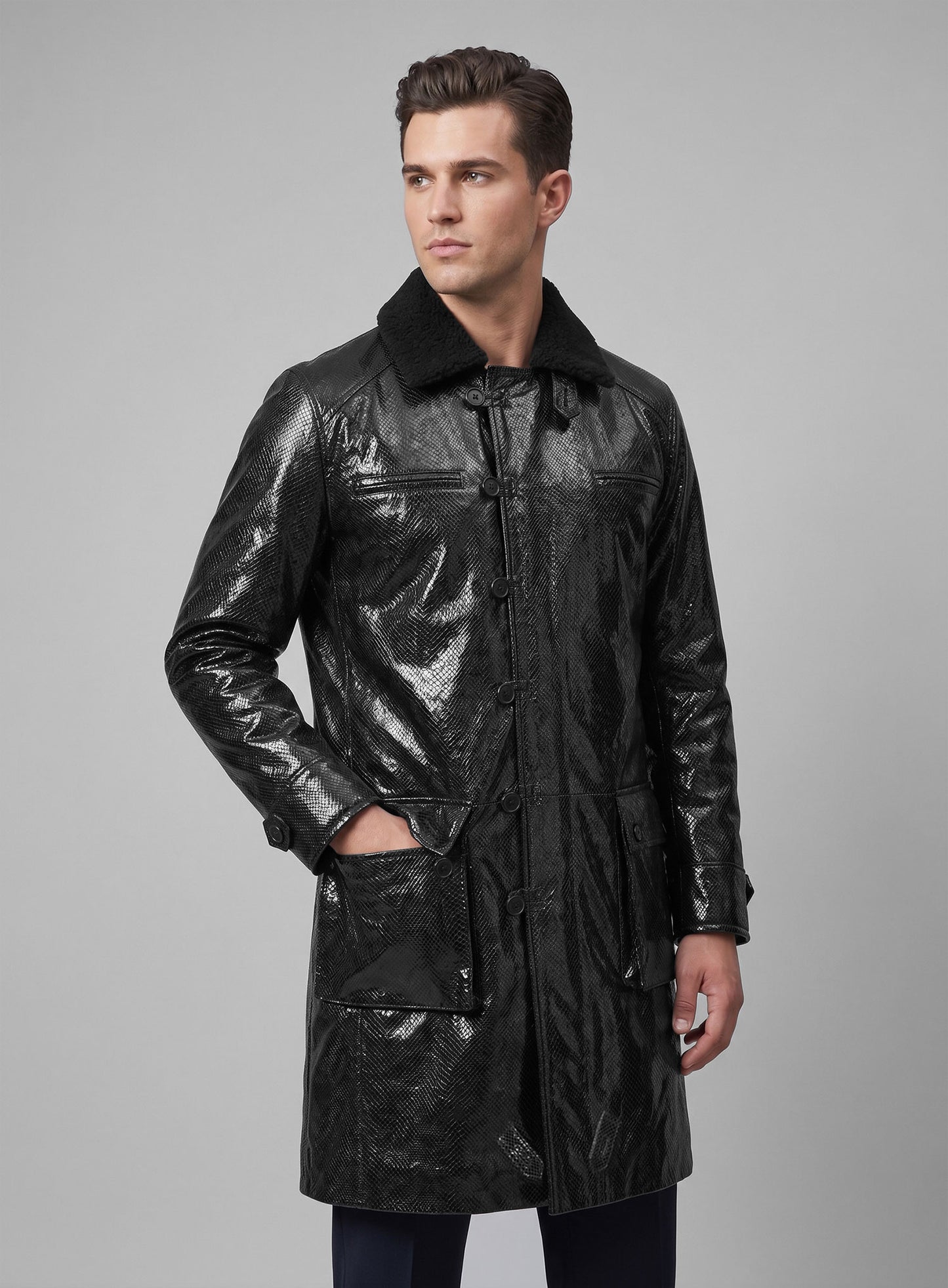 Snake Emboss Black Tom Hardy Dark Knight Leather Trench Coat