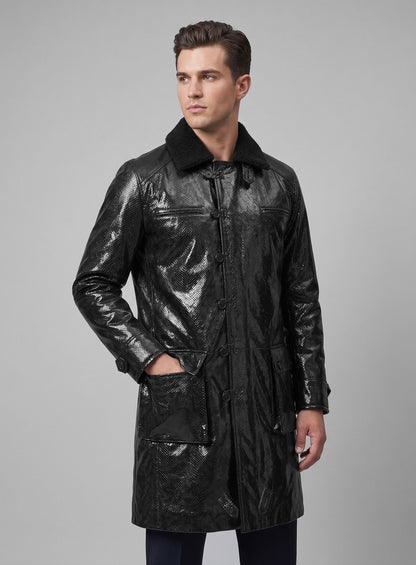 Snake Emboss Black Tom Hardy Dark Knight Leather Trench Coat