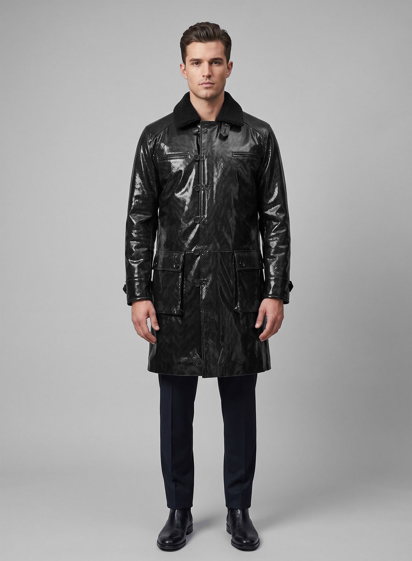 Snake Emboss Black Tom Hardy Dark Knight Leather Trench Coat