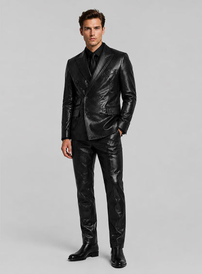 Snake Embossed Double Breasted Leather Suit