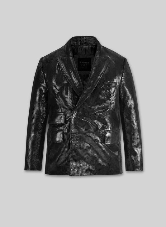 Snake Embossed Double Breasted Leather Suit