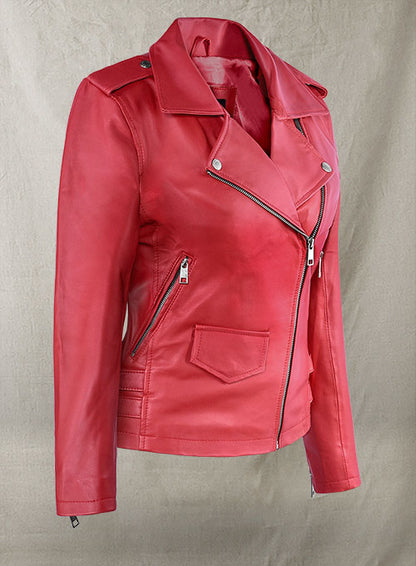 Soft Raspberry Red Gigi Hadid Leather Jacket #2 - LeatherCult