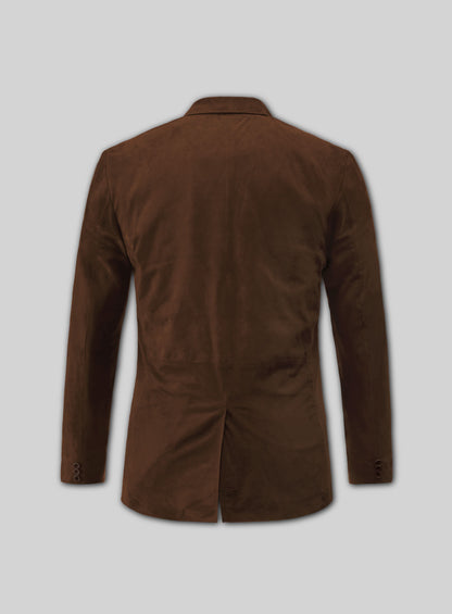 Back view of a brown suede leather blazer with centre vent and cuff buttons