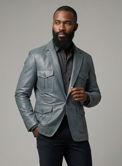 Sherpa Gray Washed and Wax Lambskin Leather Blazer - #712