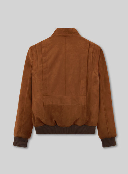 Soft Caramel Brown Suede Hunter Bomber Leather Jacket