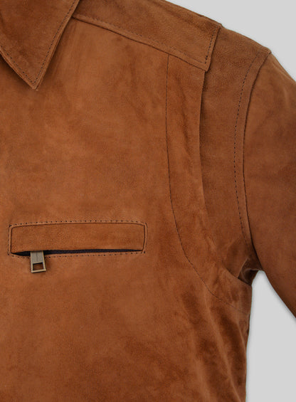 Soft Caramel Brown Suede Hunter Bomber Leather Jacket
