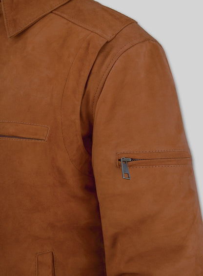 Soft Caramel Brown Suede Hunter Bomber Leather Jacket