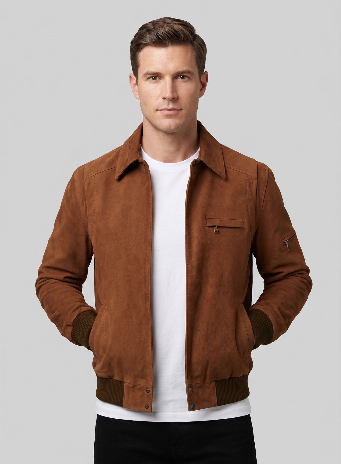 Soft Caramel Brown Suede Hunter Bomber Leather Jacket