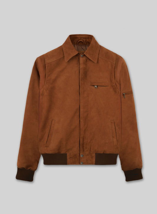 Soft Caramel Brown Suede Hunter Bomber Leather Jacket