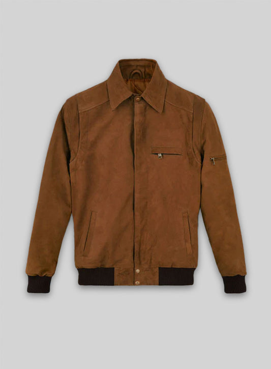 Soft Caramel Brown Suede Hunter Bomber Leather Jacket