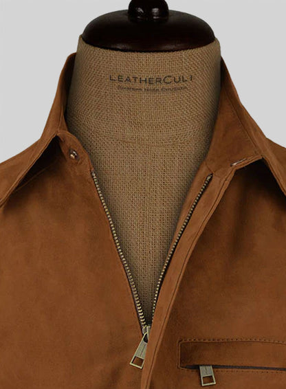 Soft Caramel Brown Suede Hunter Bomber Leather Jacket