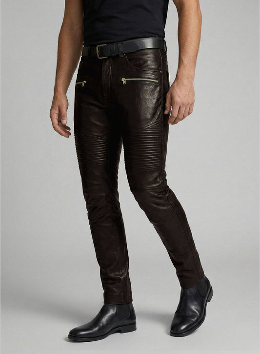 Soft Dark Brown Leather Biker Jeans #512