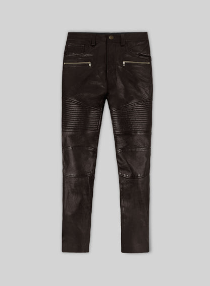 Soft Dark Brown Leather Biker Jeans #512