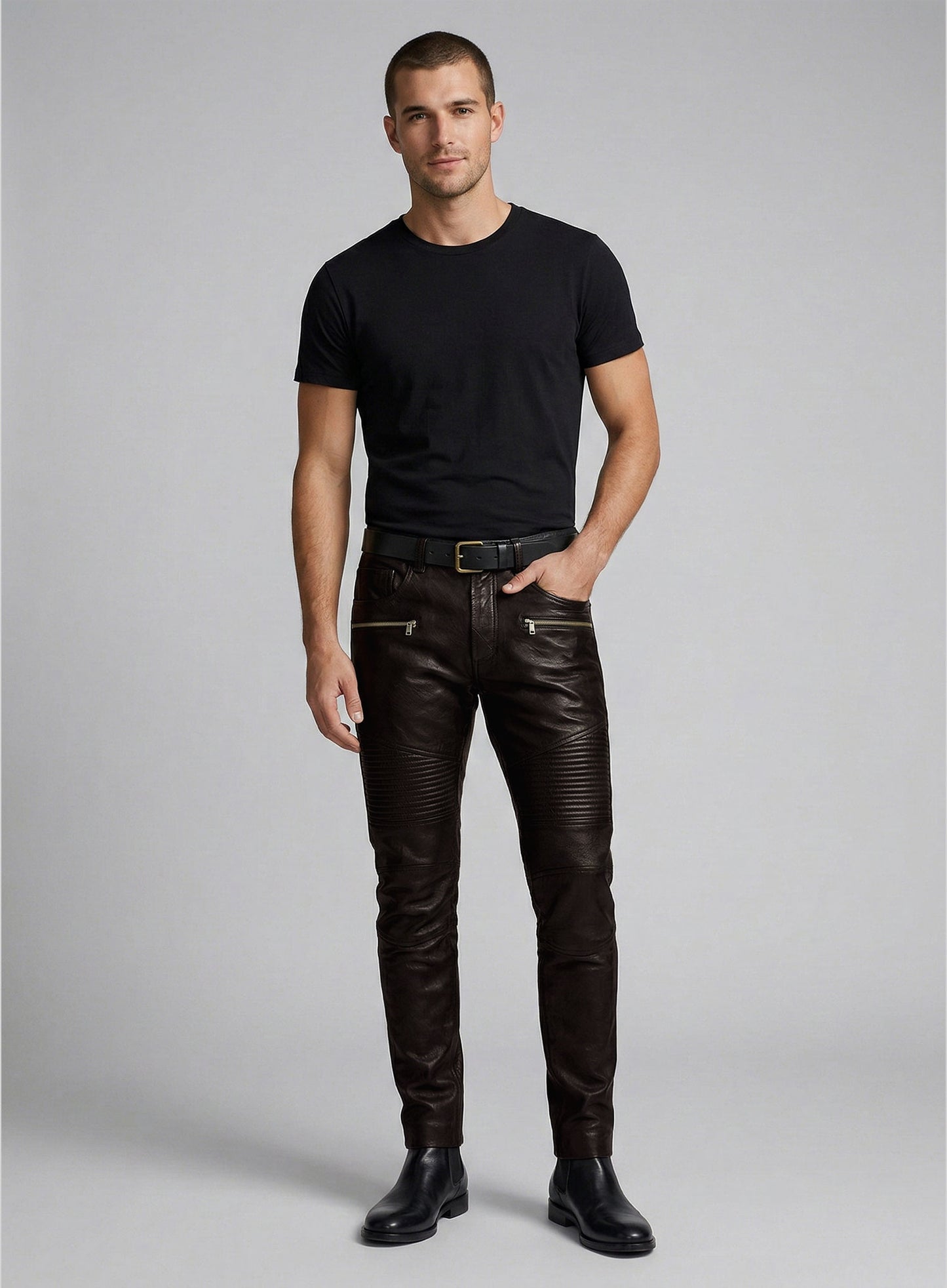 Soft Dark Brown Leather Biker Jeans #512