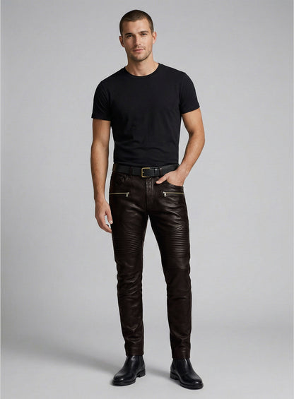 Soft Dark Brown Leather Biker Jeans #512