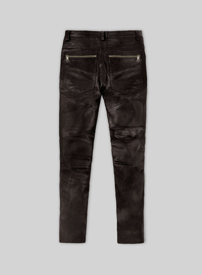 Soft Dark Brown Leather Biker Jeans #512