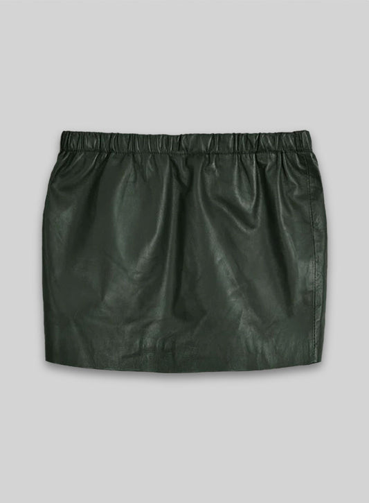 Soft Deep Olive Leather Skirt With Elastic Waist