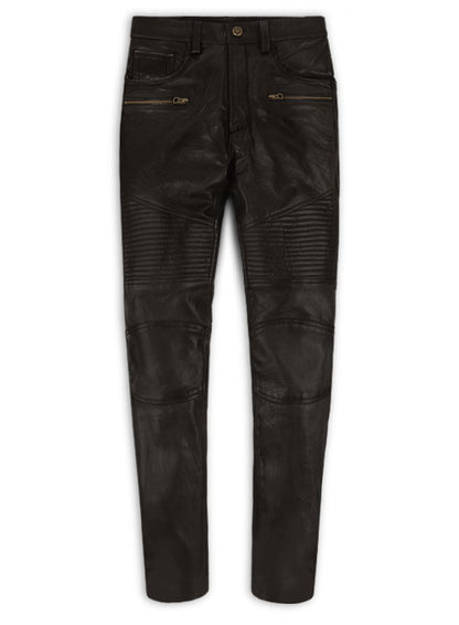 Soft Dark Brown Leather Biker Jeans #512 - LeatherCult