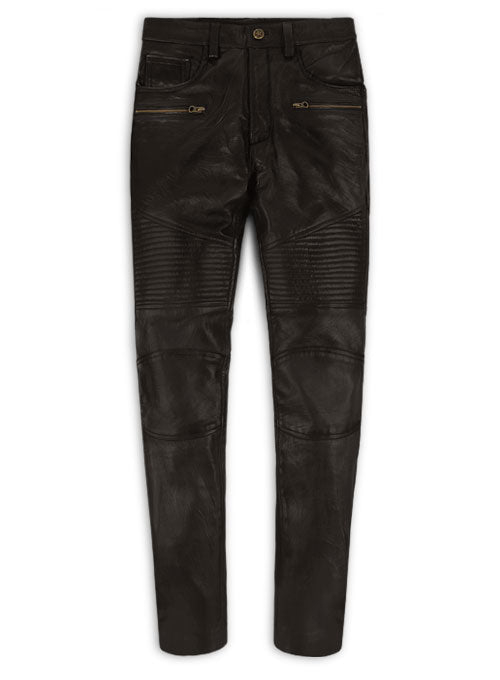 Soft Dark Brown Leather Biker Jeans #512 - LeatherCult