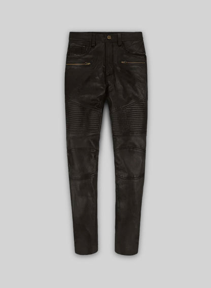 Soft Dark Brown Leather Biker Jeans #512