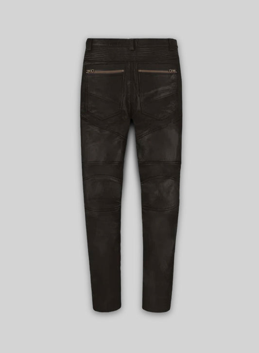Soft Dark Brown Leather Biker Jeans #512