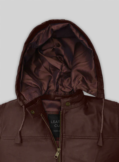 Soft Maroon Symphony Detachable Hood Leather Jacket