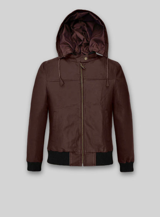 Soft Maroon Symphony Detachable Hood Leather Jacket