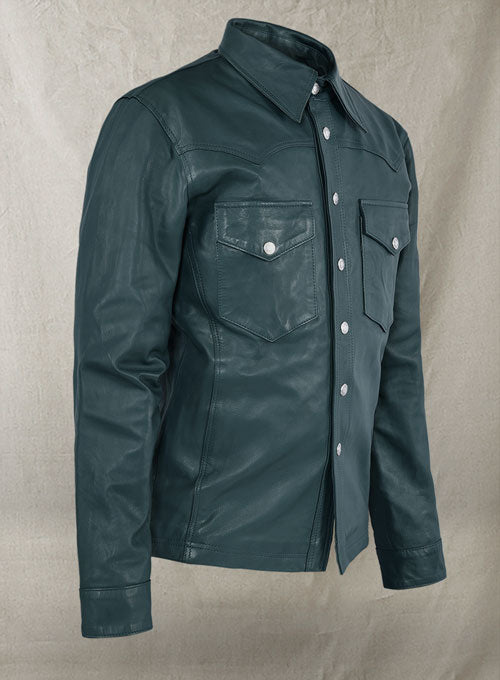 Soft Prussian Blue V Tab Leather Shirt Jacket - LeatherCult