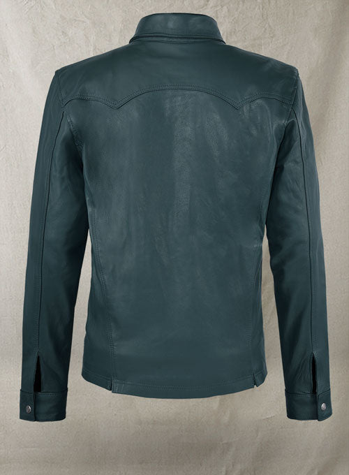 Soft Prussian Blue V Tab Leather Shirt Jacket - LeatherCult