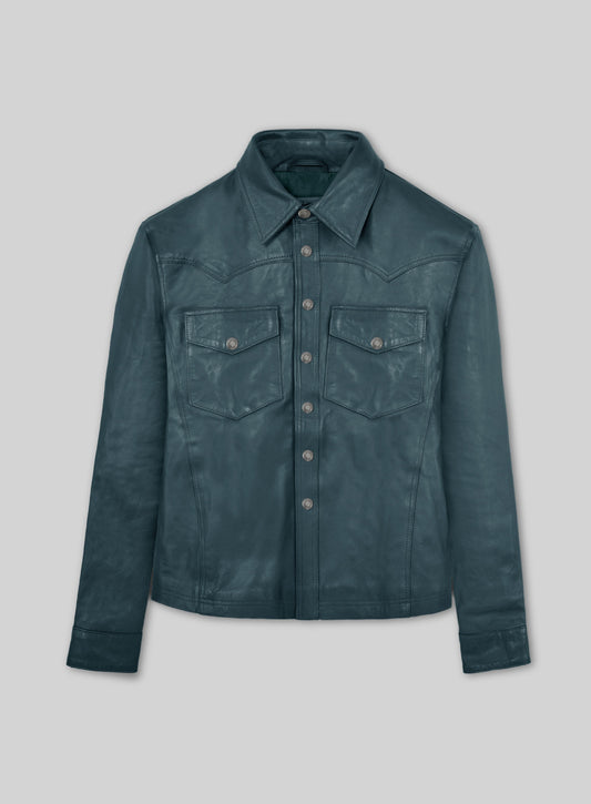 Soft Prussian Blue V Tab Leather Shirt Jacket