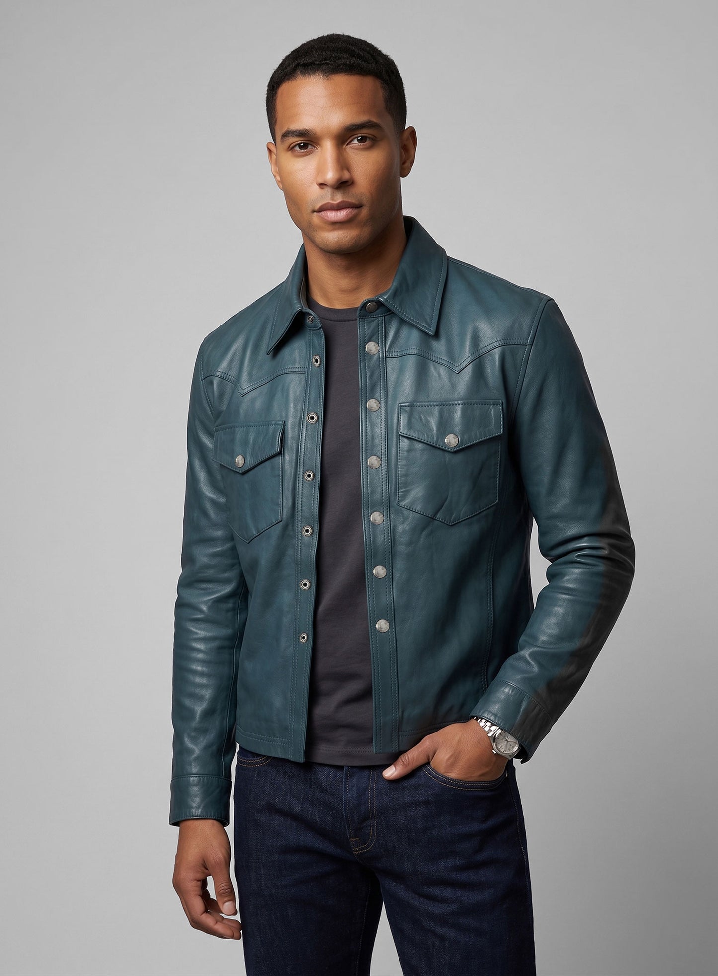 Soft Prussian Blue V Tab Leather Shirt Jacket