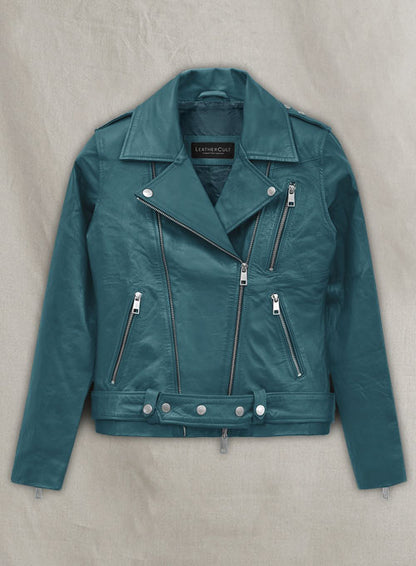 Prussian Blue Washed & Wax Jessica Alba Leather Jacket #2 - LeatherCult
