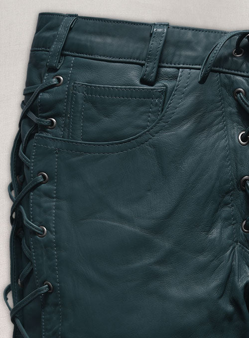 Soft Prussian Blue Washed & Wax Leather Pants #515 - LeatherCult