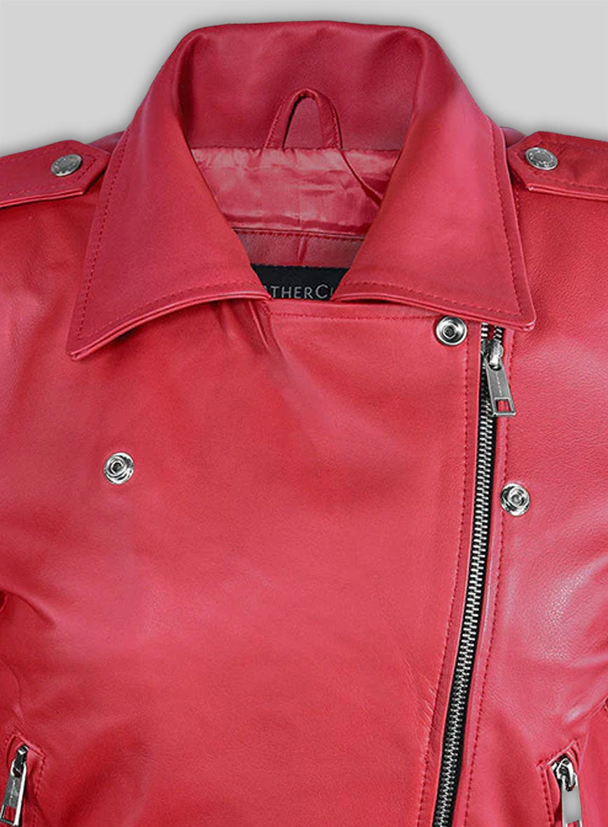 Soft Raspberry Red Gigi Hadid Leather Jacket #2