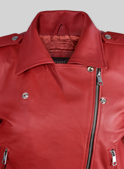 Soft Raspberry Red Hilary Duff Leather Jacket #3