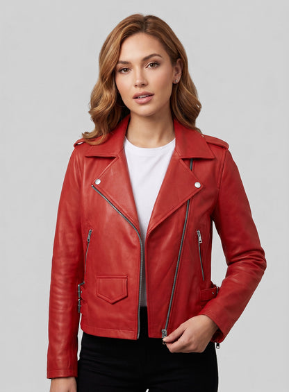 Soft Raspberry Red Hilary Duff Leather Jacket #3
