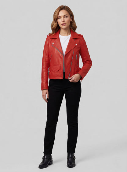 Soft Raspberry Red Hilary Duff Leather Jacket #3