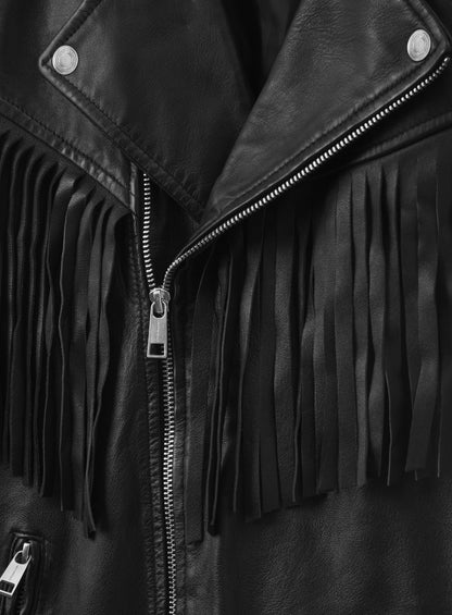 Soft Rich Black Washed & Wax Leather Fringe Jacket #1009