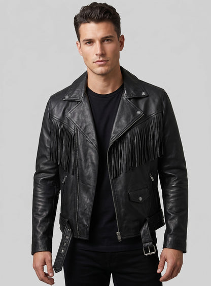 Soft Rich Black Washed & Wax Leather Fringe Jacket #1009