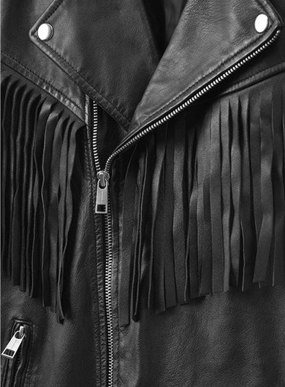 Soft Rich Black Washed & Wax Leather Fringe Jacket #1009