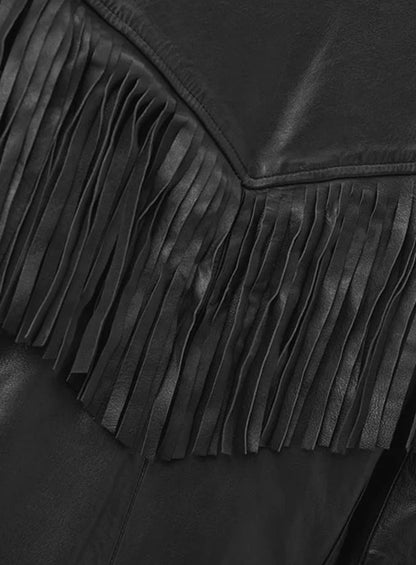 Soft Rich Black Washed & Wax Leather Fringe Jacket #1009