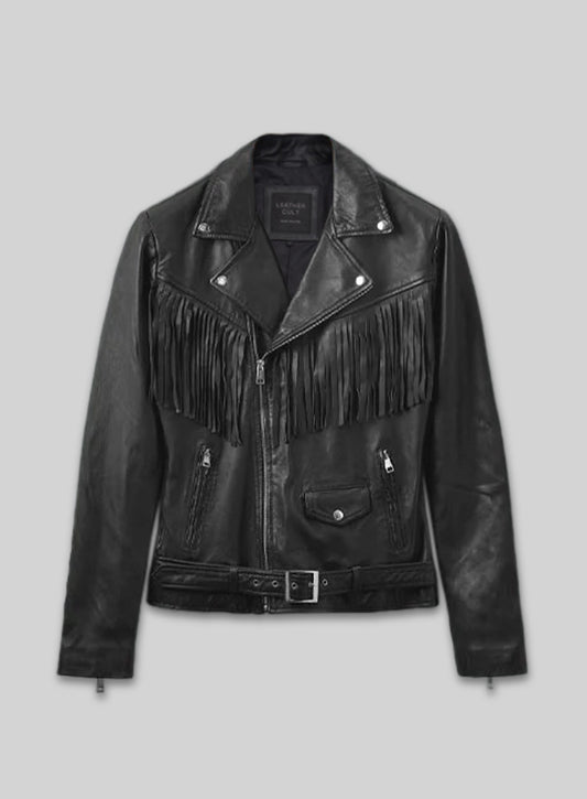 Soft Rich Black Washed & Wax Leather Fringe Jacket #1009