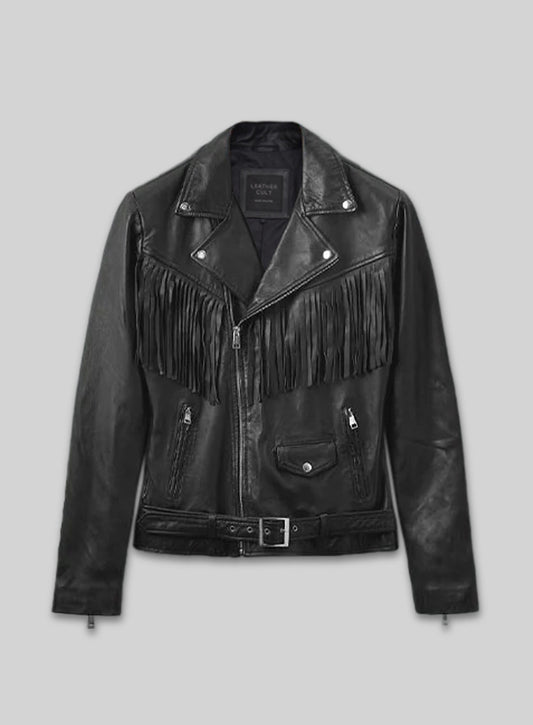 Soft Rich Black Washed & Wax Leather Fringe Jacket #1009