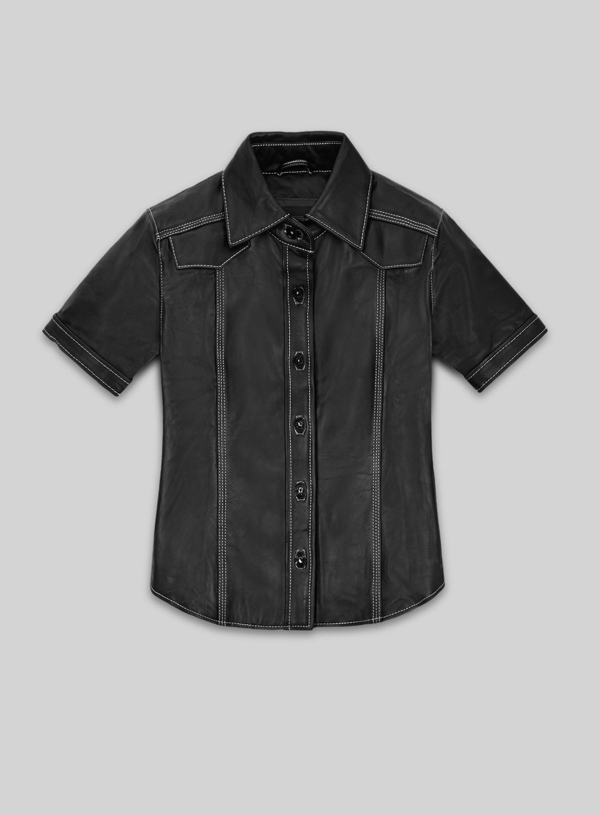 Front view of a black short-sleeve leather shirt with white contrast stitching