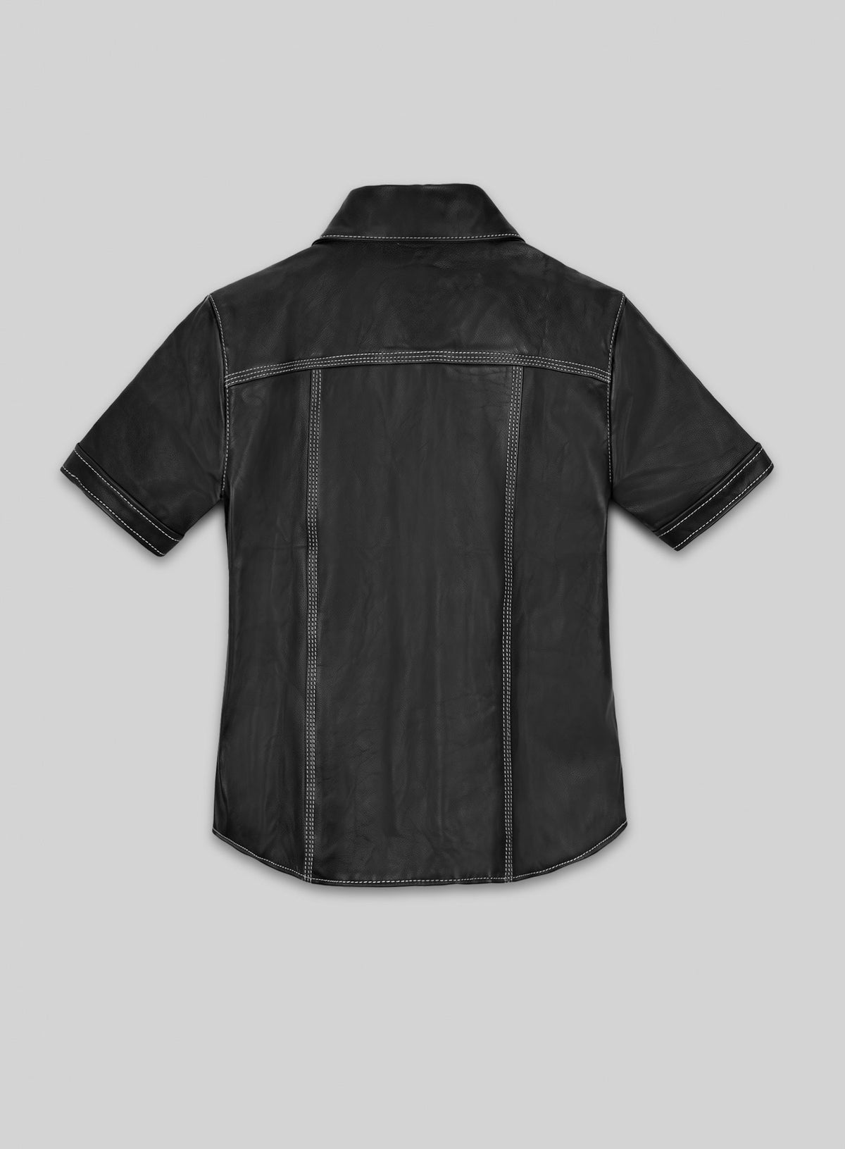 Back view of a black short-sleeve leather shirt with white contrast stitching