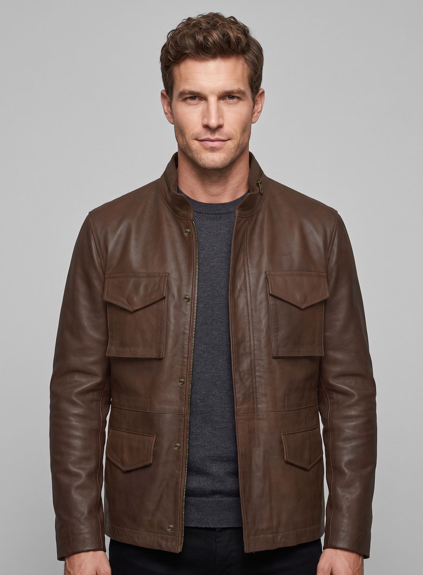 Spanish Brown Military M-65 Leather Jacket