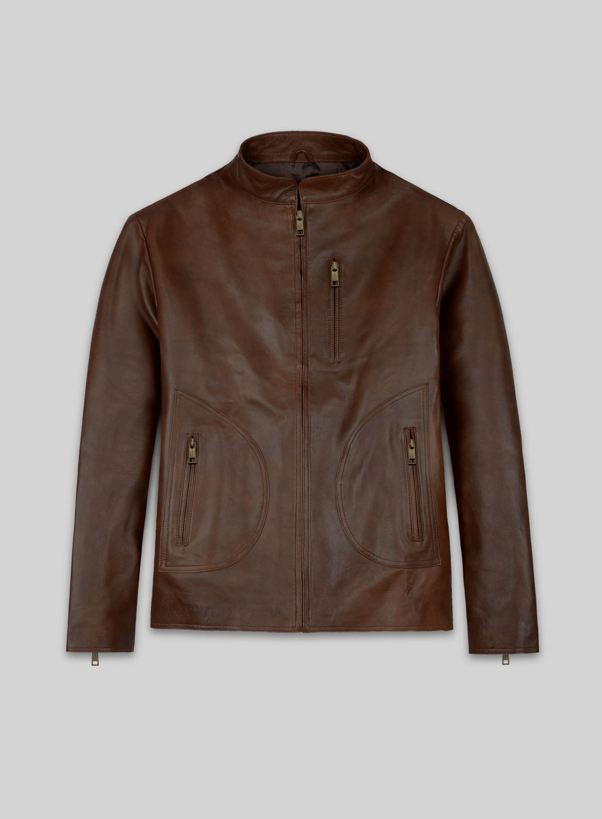 Front view of a brown leather jacket with stand collar and curved zip pockets