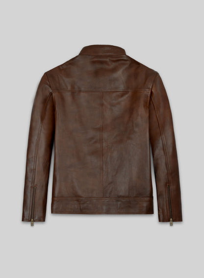 Back view of a brown leather jacket with stand collar and sleeve zippers